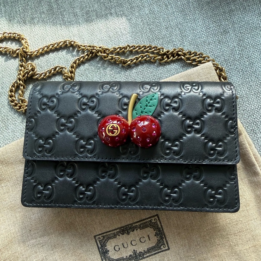 Gucci Style Black Crossbody Wallet on Chain with Cherry Accent